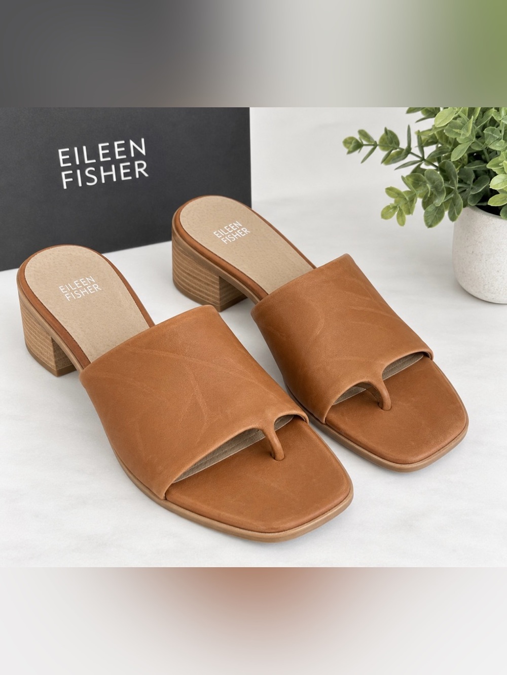 Eileen Fisher Women’s Tan Leather Toe-Loop Block Heel Mules Size 10
